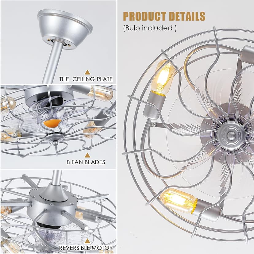 Asyko Outdoor Caged Ceiling Fans with Lights - Bladeless Low Profile Ceiling Fan Light with Remote, 19" Enclosed Ceiling Fan for Covered Outdoor