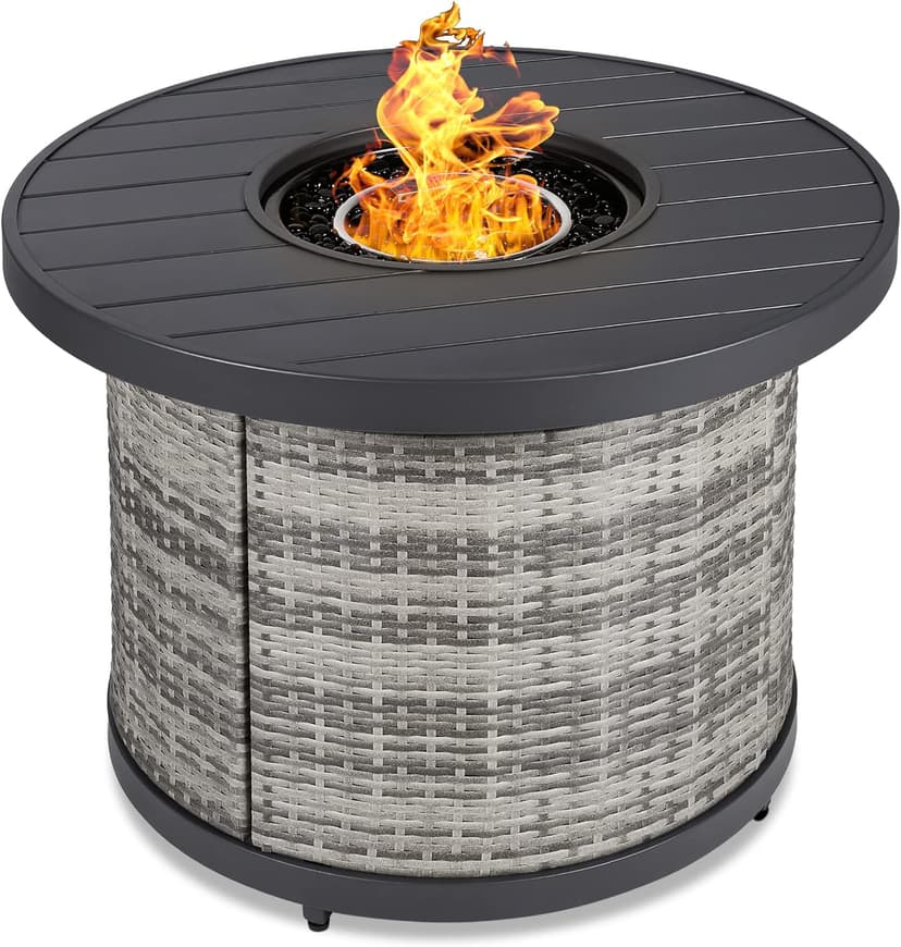 Best Choice Products 32in Round Gas Fire Pit Table, 50,000 BTU Outdoor Wicker Patio Propane Firepit w/Faux Wood Table Top, Glass Beads, Cover, Hideaway Tank Holder, Lid - Gray