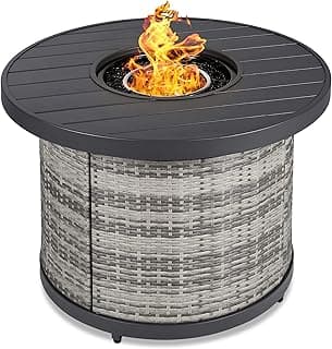 Best Choice Products 32in Round Gas Fire Pit Table, 50,000 BTU Outdoor Wicker Patio Propane Firepit w/Faux Wood Table Top, Glass Beads, Cover, Hideaway Tank Holder, Lid - Gray