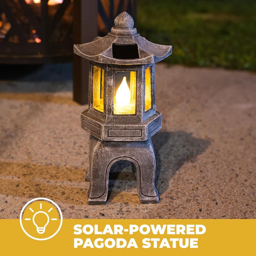 VP Home Solar-Powered Pagoda Garden Statues - Japanese Zen Lantern Outdoor Decor with Flickering LED Light - Durable Polyresin for Yard, Patio, or Garden - 12 x 7 x 6 Inches (Zen Garden Pagoda)