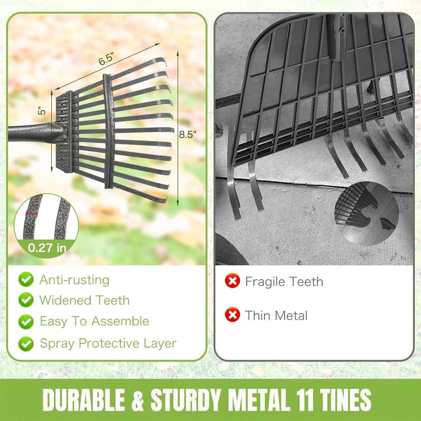 Joyhalo Small Leaf Rake, 8.5 Inch Wide Head with 11 Tines, Metal Garden Rake with Adjustable Handle 38.5 to 65 Inch for Gardening, Leaves, Weeds, Debris