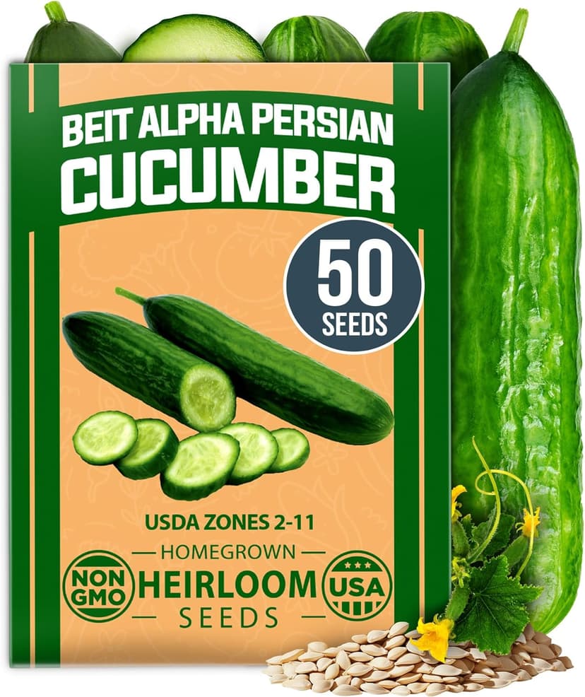 HOME GROWN Persian Cucumber Seeds – 50+ Heirloom Non-GMO, High-Yielding Beit Alpha Variety | Fast Growing, Sweet Tender Skin, Home Vegetable Garden Seeds (Cucumis sativus)