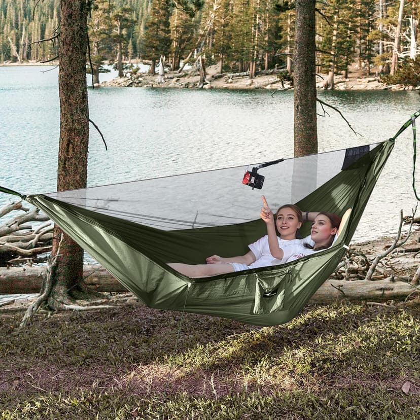 Camping Hammock with Mosquito Net and Ridge Rope, Extra Large for 2 Person, Lightweight Hanging Hammocks Tree Straps, All-in-one Fast Open Hammock for Outside, Hiking, and Travel