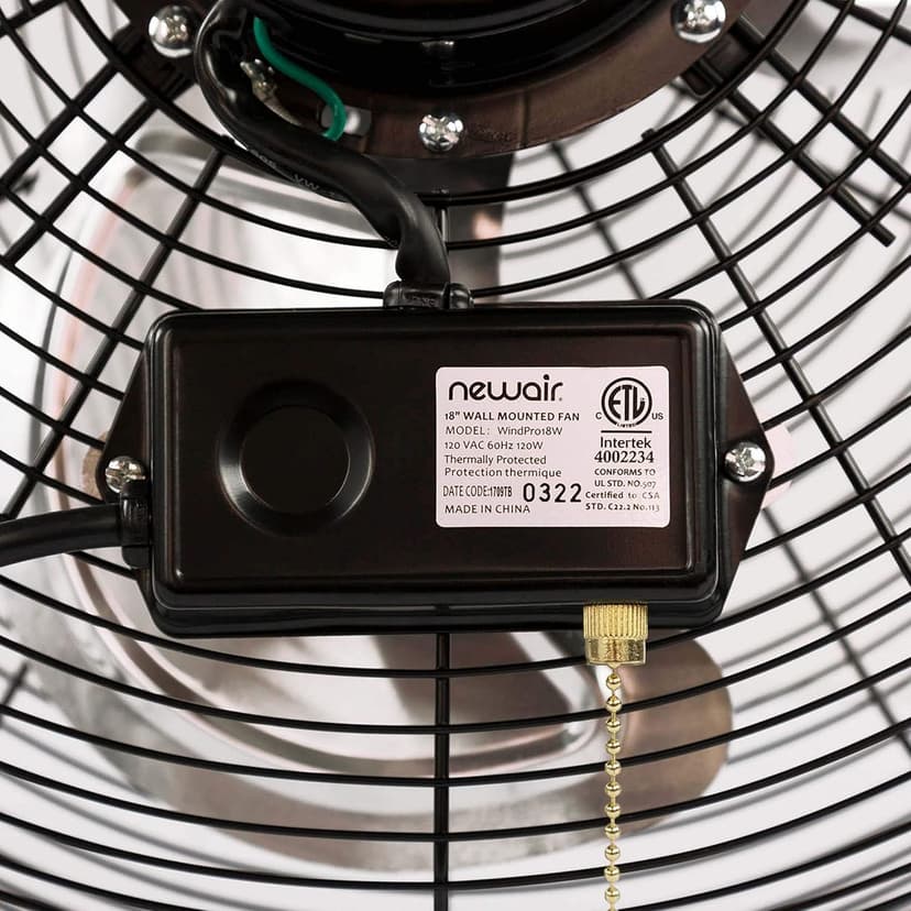 Newair Wall Mounted High Velocity Fan | 18" Air Fan | Quiet Blade Fan | 3 Speed Settings Box Fan | Heavy Duty Fan For Industrial Use | Portable Outdoor Shop Fan | Black | WindPro18W, 3000 CFM