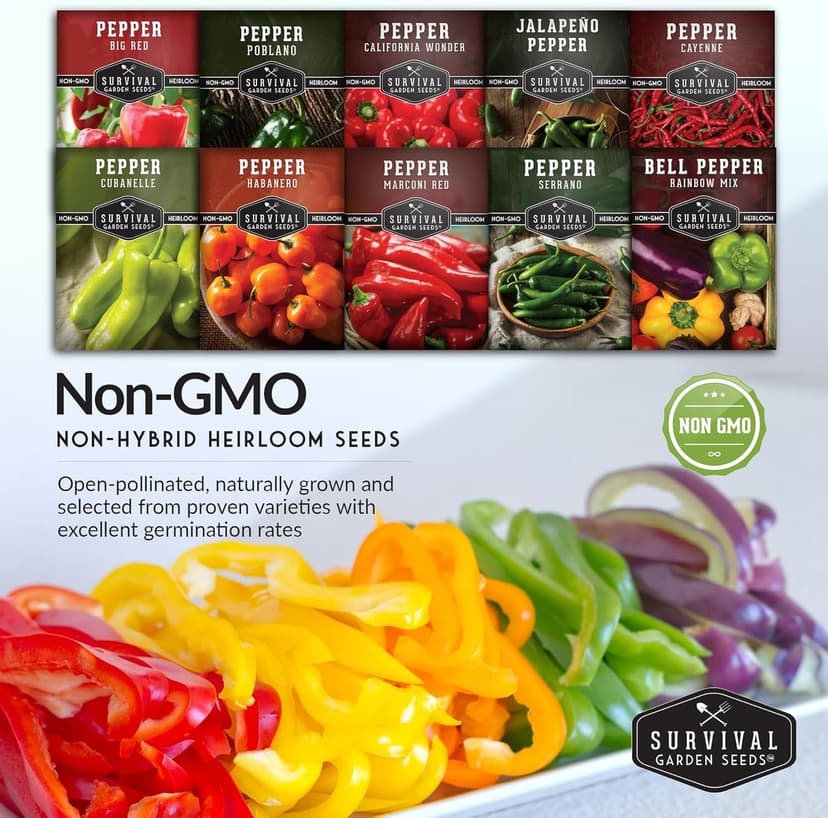 10 Pepper Variety Pack Seed Vault - Serrano, Big Red, California Wonder, Cayenne, Cubanelle, Orange Habanero, Jalapeño, Marconi, Rainbow Bell, Poblano Pepper - Non-GMO Heirloom Survival Garden Seeds