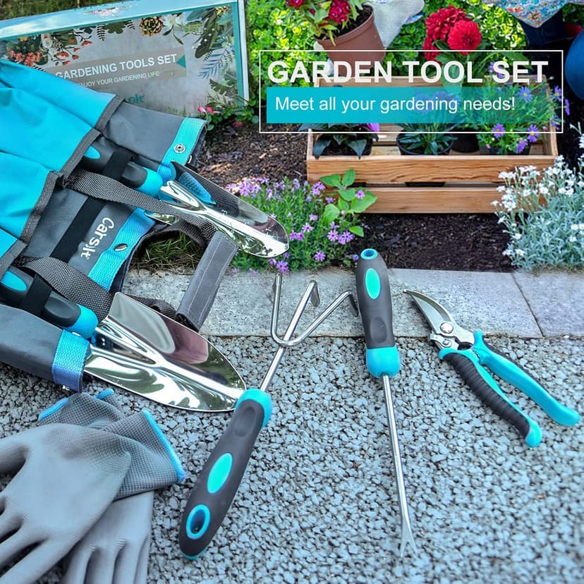 10 Piece Heavy Duty Stainless Steel Garden Tools Set with Ergonomic Rubber Handle. Variety of Gardening Hand Tools for Planting. Ideal Garden Gifts