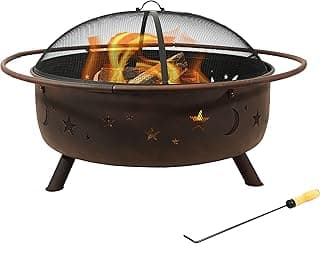 Sunnydaze Cosmic 42-Inch Large Outdoor Fire Pit - Wood-Burning Fire Pit with Round Spark Screen, Poker, and Built-in Grate
