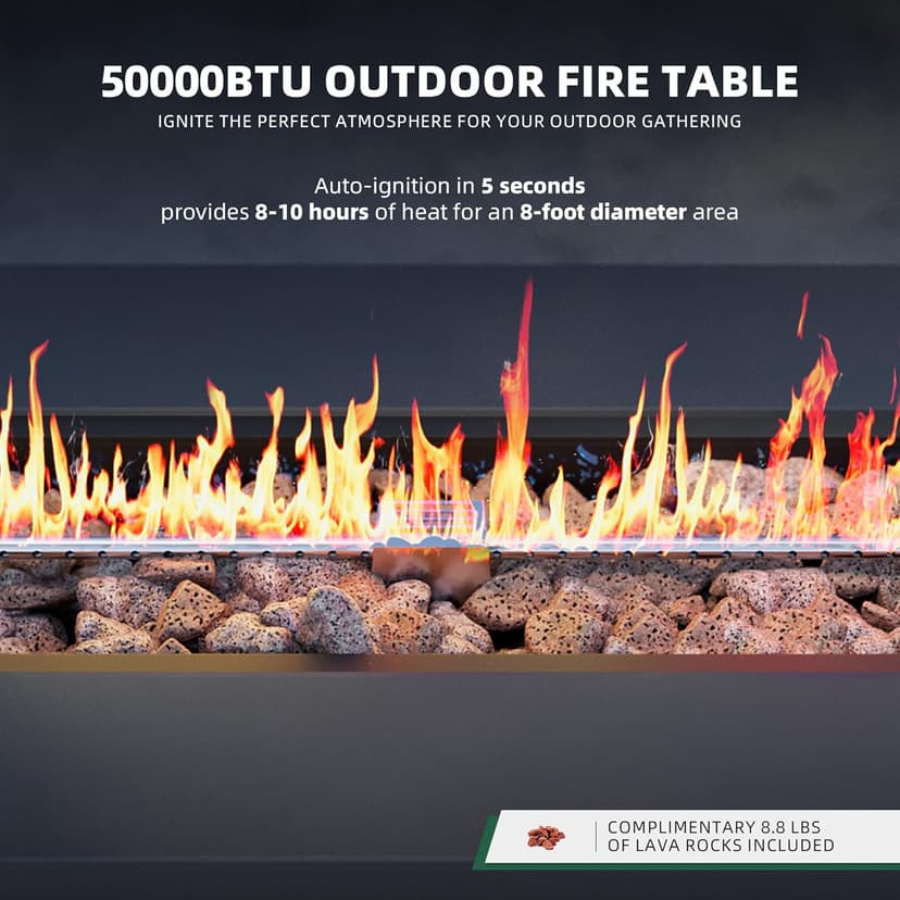 UPHA 42-inch Outdoor Propane Gas Fire Pit Table 50000 BTU Iron Rectangle FirePit for Outside Patio with Tank Hidden Table, Removable Lid, Lava Rocks, Rain Cover, Grey