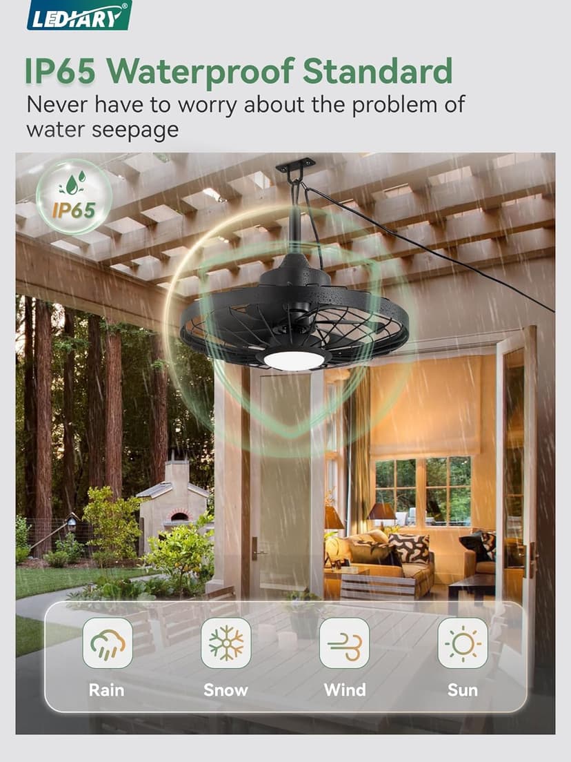 LEDIARY 20" Outdoor Ceiling Fan with Lights,IP65 Waterproof Gazebo Hanging Fan with Remote Control Smart App, Plug in Caged Ceiling Fan with 3CCT 6-Speeds for Patio Porch Pergola(Black)