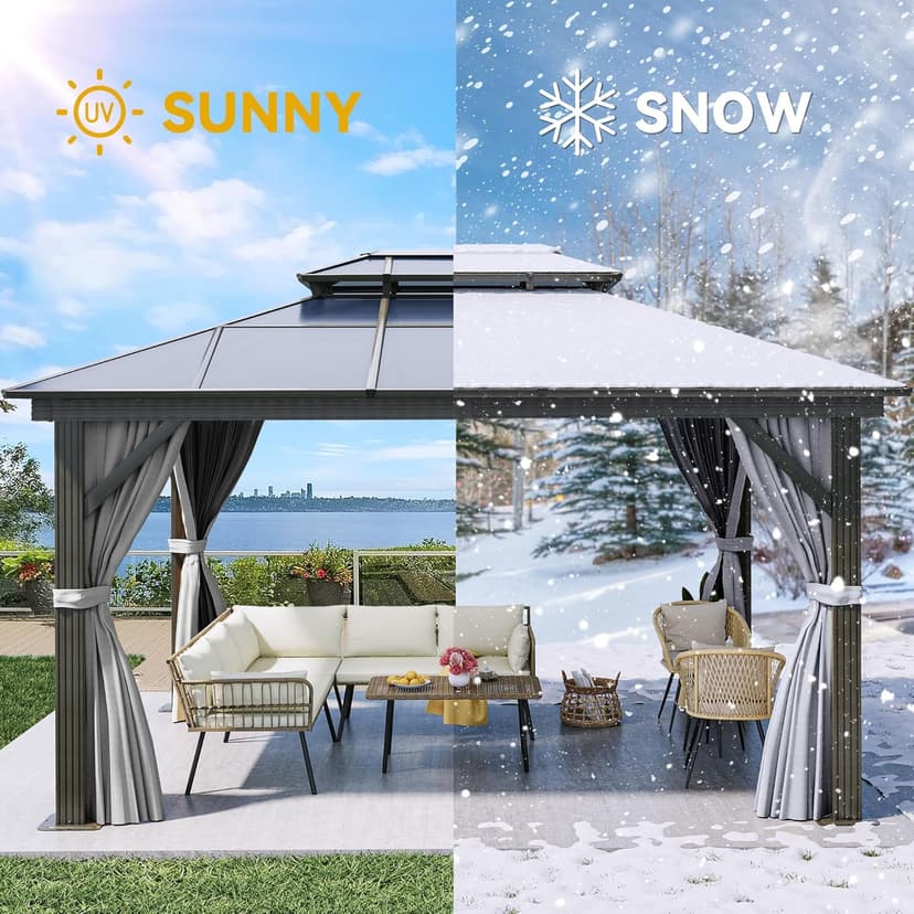 YITAHOME 10X12FT Hardtop Polycarbonate Gazebo Outdoor Patio Double Top Canopy Galvanized Iron Aluminum Column Garden Tent Curtains Netting for Backyards Decks Lawns,Gray