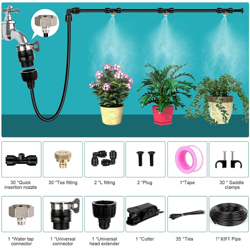 Misting Cooling System, 82FT (25M) Misting Line + 30 Brass Mist Nozzles + Brass Adapter(3/4") for Patio Garden Greenhouse
