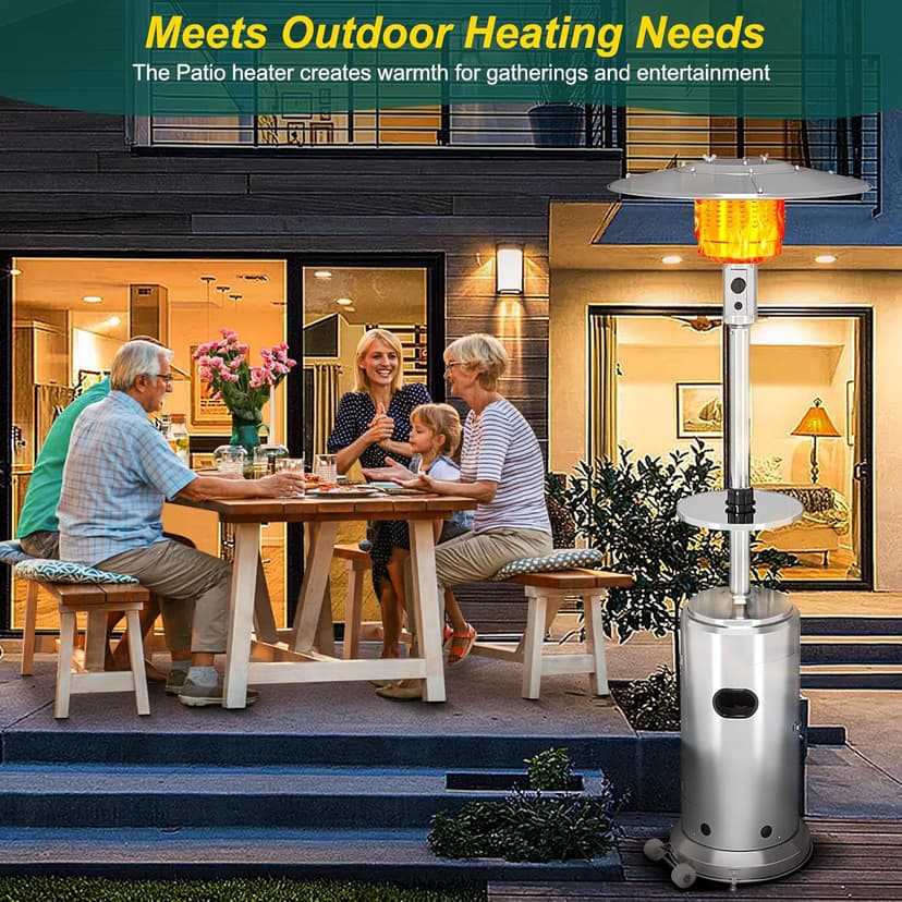 Stainless Steel Propane Patio Heater,48000BTU Outdoor Gas Heater with Ignition Systems and Wheels, Deck Heater for Backyard Garden Restaurant Cafes,Double-Layer Burner,Cover Up 200 Sq.ft