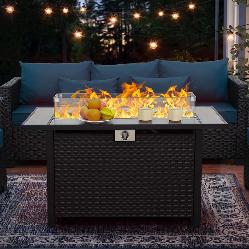 45 Inch Fire Table for Outside 60000 BTU Steel Gas Fire Pit Outdoor Fire Pit Table with Woodgrain Marble Tabletop Glass Wind Guard Cover and Blue Crystal Beads