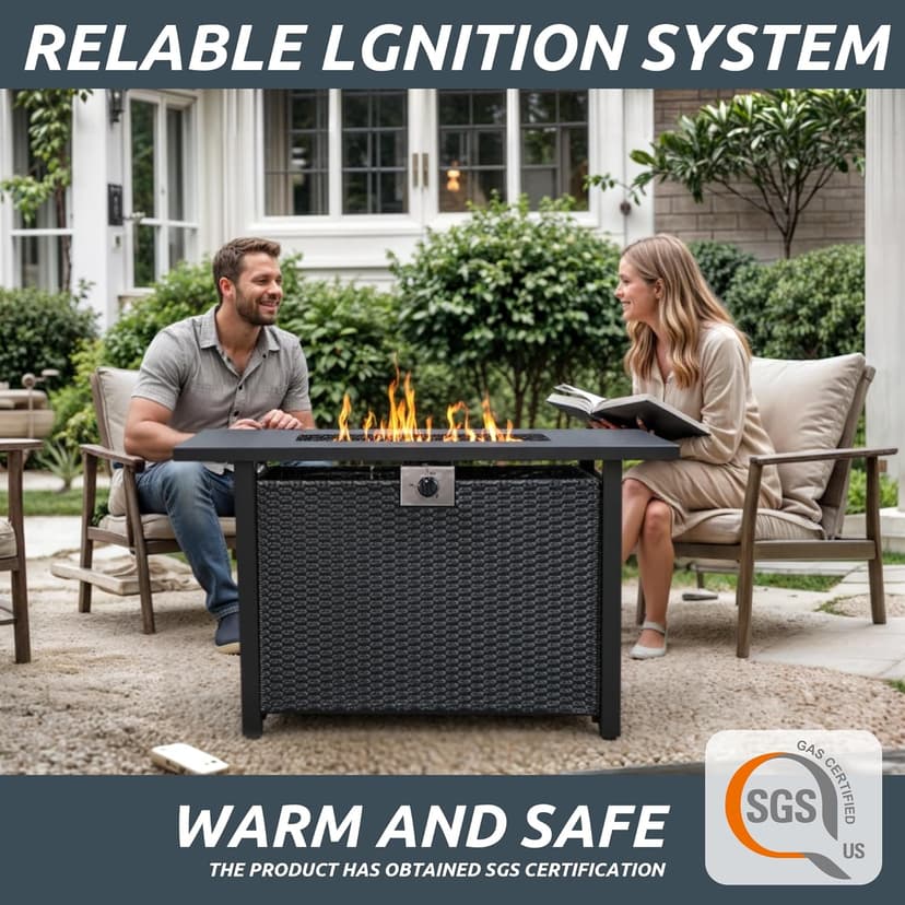 Propane Fire Pit Table,Out Door Fire Pits & Fireplaces,Gas Fire Pit with Lid and Lava Rock.Square Black Fire Pit Table on Patio Deck & Garden Backyard. (Raven‌ Black, 43-inch)