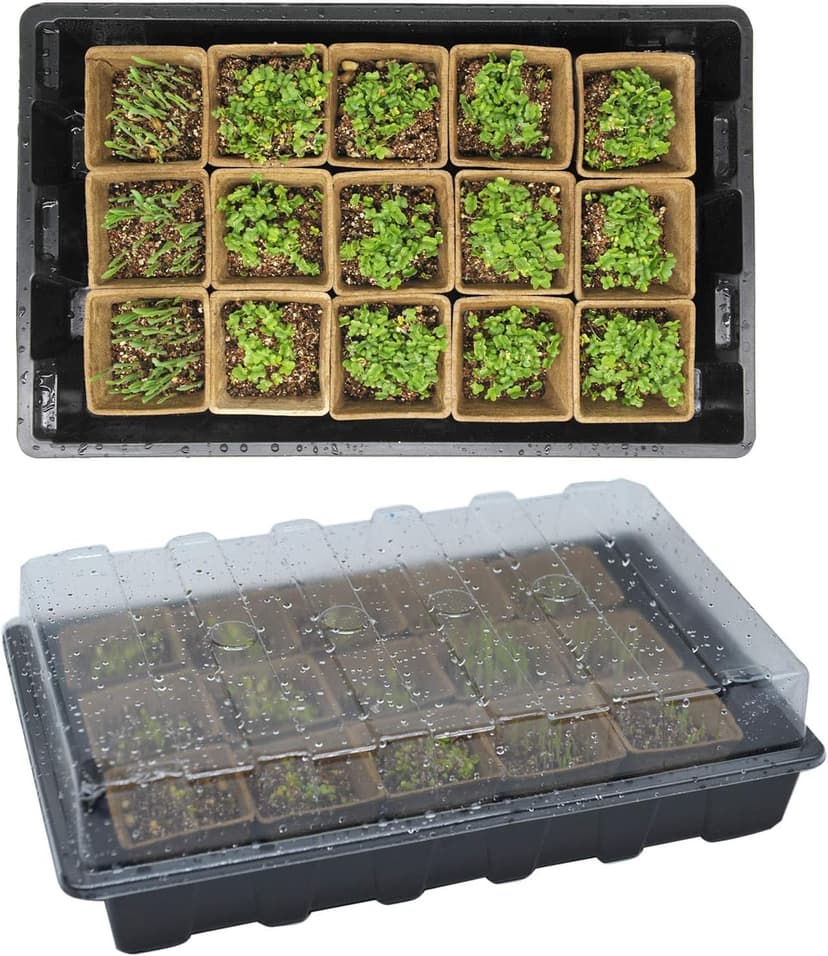 Seed Starter Kit with 100 Peat Pots for Seedlings Seed Starter Tray, 5 Plastic Growing Trays with Water Strainer & 20 Plant Labels Outdoor or Indoor Herb Garden Nursery