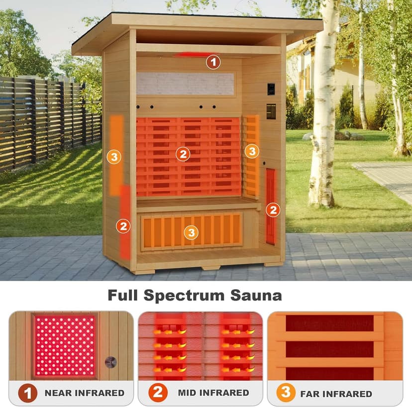 Infrared Sauna, Full-Spectrum Infrared Outdoor Saunas for Home - Dry Heat Sauna, Wooden Sauna Room with Beauty Lamp (Outdoor Sauna 2 Person)