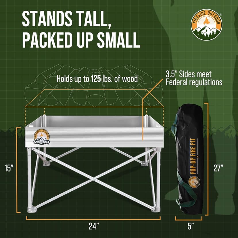 Fireside Outdoor Portable Fire Pit for Camping 24 Inch- Collapsible Pop Up Fire Pit, Outdoor Camp Fire, Wood Fire Pits for Outside, Campfire Standing Fire Pit, Weighs 7 lbs, Heat Shield NOT Included