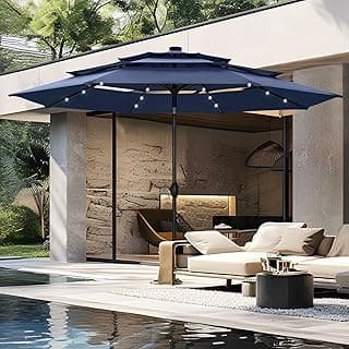PHI VILLA 10ft Patio Umbrella with Light, Outdoor Large Auto-Tilt 3 Tier Market Table Umbrellas with 8 Sturdy Ribs and 1.5" Pole for Lawn Poolside Garden Terrace,Navy Blue