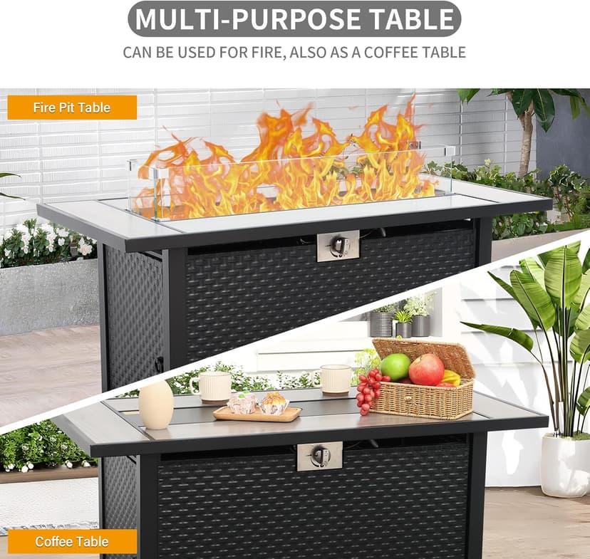 45 Inch Fire Table for Outside 60000 BTU Steel Gas Fire Pit Outdoor Fire Pit Table with Woodgrain Marble Tabletop Glass Wind Guard Cover and Blue Crystal Beads