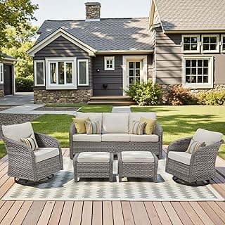 Outdoor Patio Furniture Set, 5 Pieces 2025 New Upgrade Barrel 3 Seat Outdoor Rattan Sofa with Swivel Patio Chairs and Ottomans, Luxury High Back Patio Conversation Set for Garden Porch