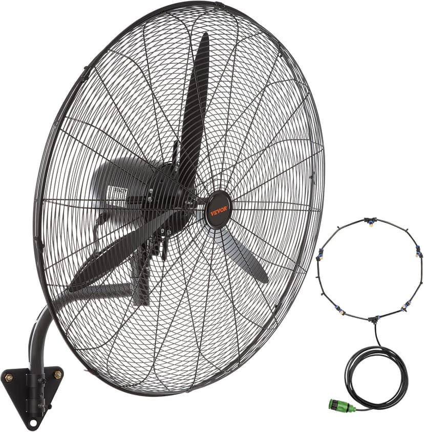 VEVOR 30 Inch Wall-Mount Misting Fan, 3-speed IP44 Waterproof Oscillating, Max. 9500 CFM Wall Mounted Fan for Outdoor, Commercial, Residential, Greenhouse, Workshop, Patio, Black, ETL Listed