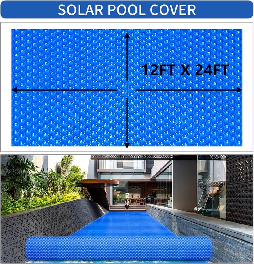 Evoio Solar Pool Covers, 12 x 24 Foot Solar Pool Blankets for Inground Above Ground Rectangular Swimming Pools, Heavy-Duty Floating Bubble Pool Hot Tub Spa Solar Covers Thermal Blanket (12 x 24 Ft)