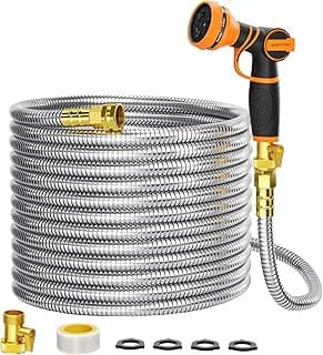 Girafe Tools Garden Hose 100ft x 5/8", 304 Stainless Steel Metal Water Hose, No Kink Garden Water Hose with 9 Pattern Spray Nozzle, Flexible, Lightweight, Kink Free Hose for Yard, Outdoor