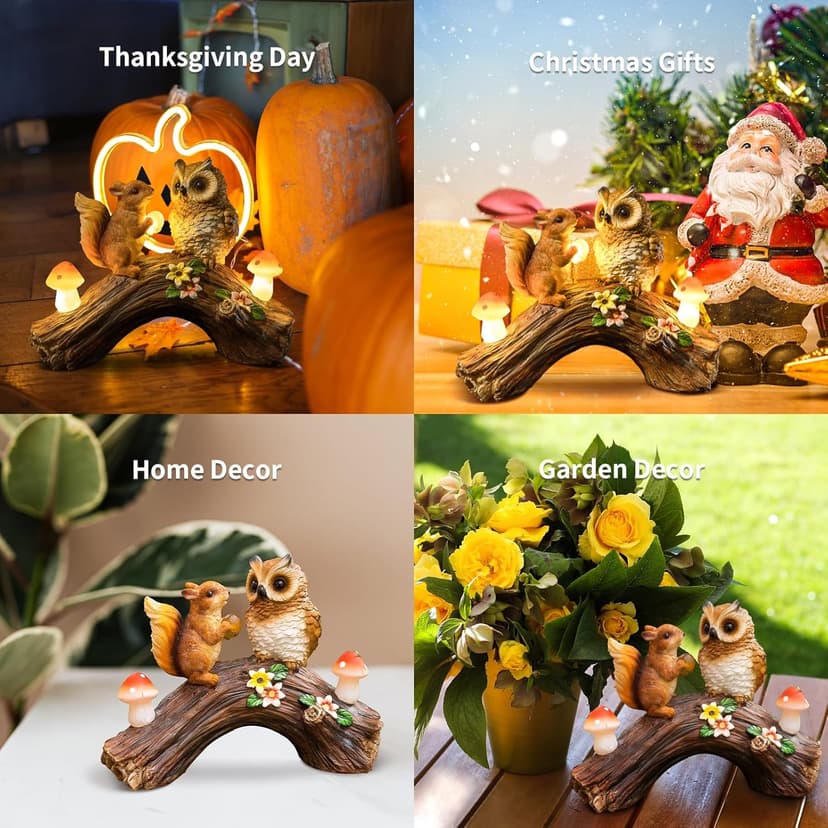 Solar Owl Garden Statues Outdoor Decor Resin Owl Squirrel Figurine with Mushroom Lights for Patio Lawn Yard Decorations Christmas Housewarming Gardening Gifts for Women Mom