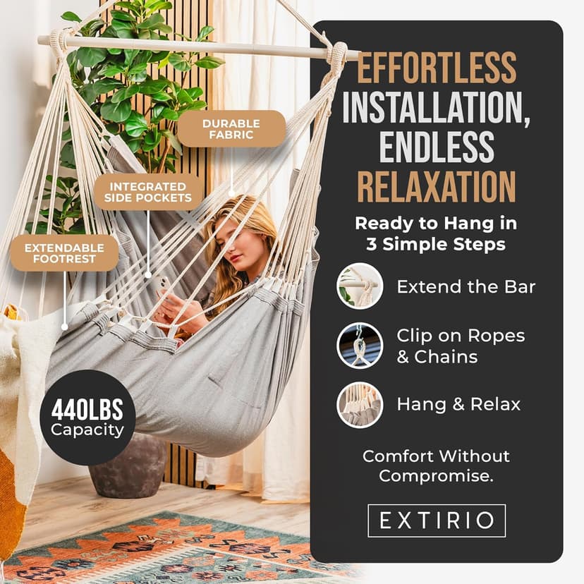 Indoor Hammock Chair Swing - Hanging Hammock Swing Chair - Indoor/Outdoor - Hanging Chairs for Bedroom, Patio, Porch, Swinging Chair Hammock for Adults - Built-In Footrest - Spacious Full-Body Support