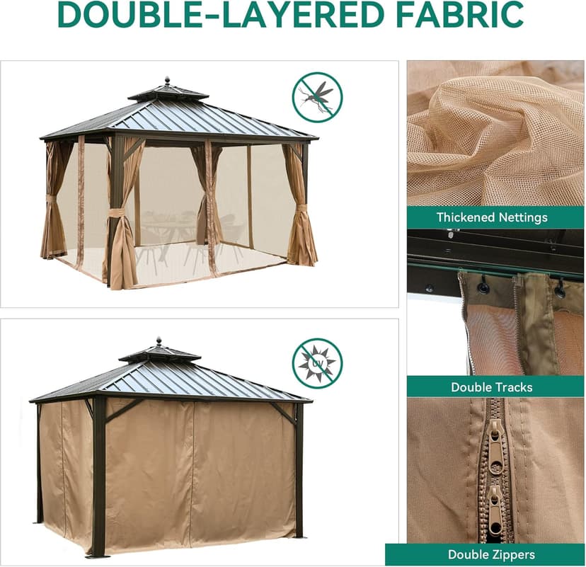 YITAHOME 10x10ft Hardtop Gazebo with Nettings and Curtains, Heavy Duty Double Roof Galvanized Steel Outdoor Combined of Horizontal Vertical Stripes Roof for Patio, Backyard, Deck, Lawn (Bronze)