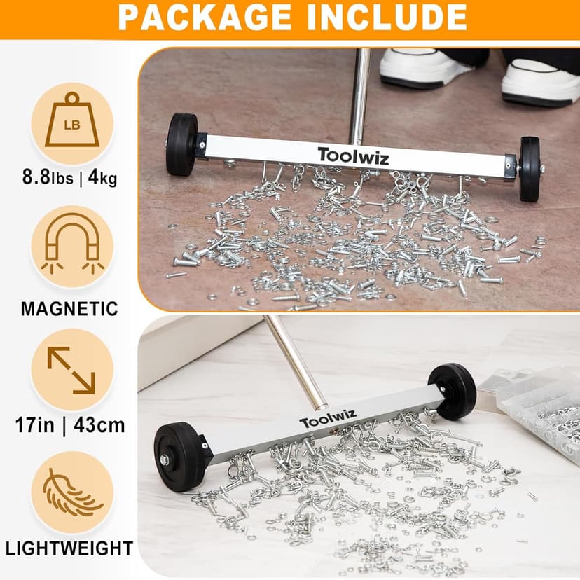 Toolwiz Magnetic Pick Up Sweeper 17-inch Heavy Duty Magnet Pickup Lawn Sweeper Roofing Tools, 8.8 Lbs Yard Tools with Telescoping Holder and Wheels to Clean Nails Adjustable Handle for Construction