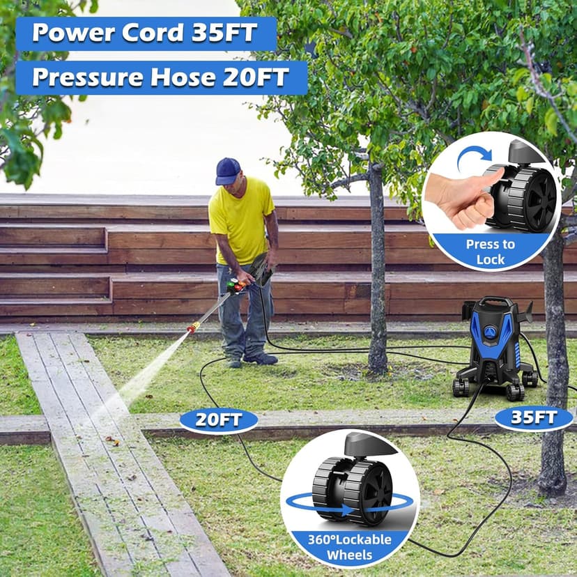 Electric Pressure Washer, 4200PSI 2.8GPM, Foam Cannon, 4 Nozzle Tips, 20 FT Hose, 35FT Power Cord, Strong Power Washer with Anti-Tipping Technology for Cars, Garden, Fences, Patios, Driveways