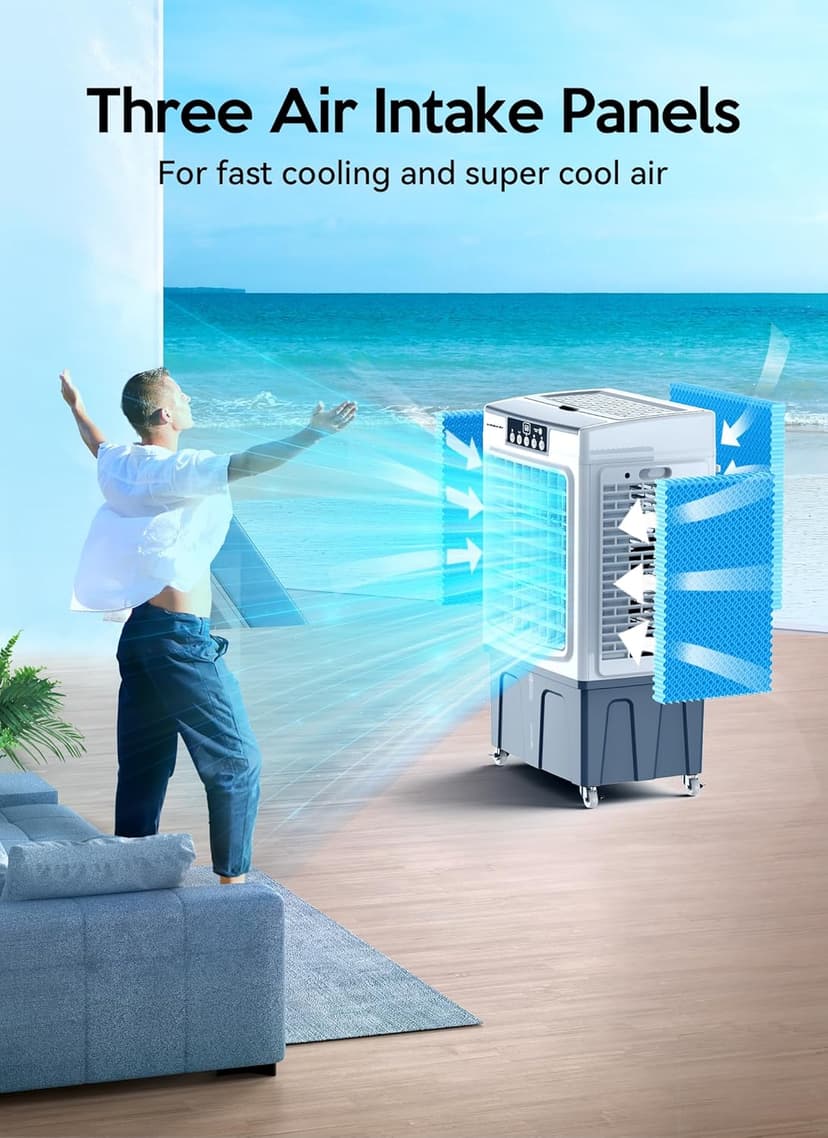 Evaporative Cooler, VAGKRI 2100CFM Air Cooler, 120°Oscillation Swamp Cooler with Remote Control, 24H Timer, 3 Wind Speeds for Outdoor Indoor Use,8 Gallon