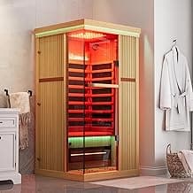 Full Spectrum Infrared Sauna，1 Person Home Sauna，Canadian Hemlock Wood Indoor Spa Sauna with Resonance Speaker and Tempered Glass
