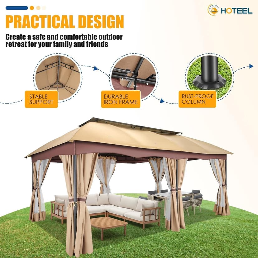 HOTEEL Gazebo 12x20, Outdoor Gazebo on Clearance with Double Ventilated Arc Roof, Privacy Curtains & Mosquito Netting, Easy Set up Canopy Tent with Stable Metal Frame for Patio, Khaki (Upgraded 2.0)
