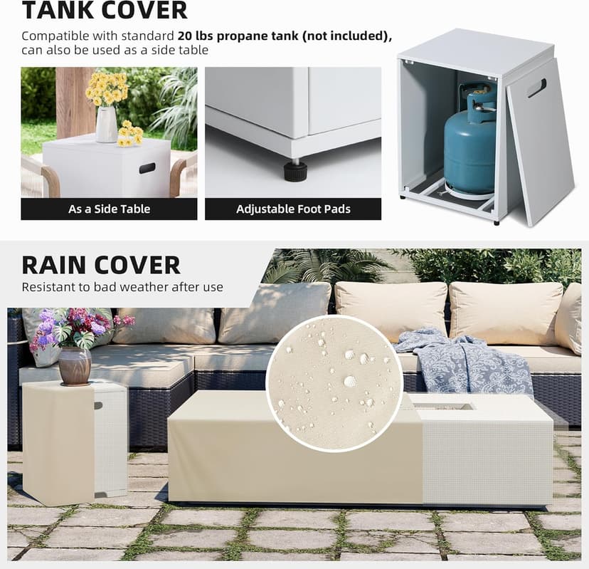 UPHA 56 inch Outdoor Gas Rectangle Fire Pit Table 50000 BTU Propane Iron Firepit for Outside Patio with Tank Cover, Removable Lid, Gold Reflective Glass, Lava Rocks, Rain Cover, White