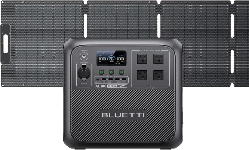 BLUETTI AC180 Solar Generator with 200W Solar Panel (Ships Separately), 1152Wh Portable Power Station w/ 4 1800W (2700W Surge) AC Outlets, LiFePO4 Emergency Power for Camping, Off-grid, Power Outage