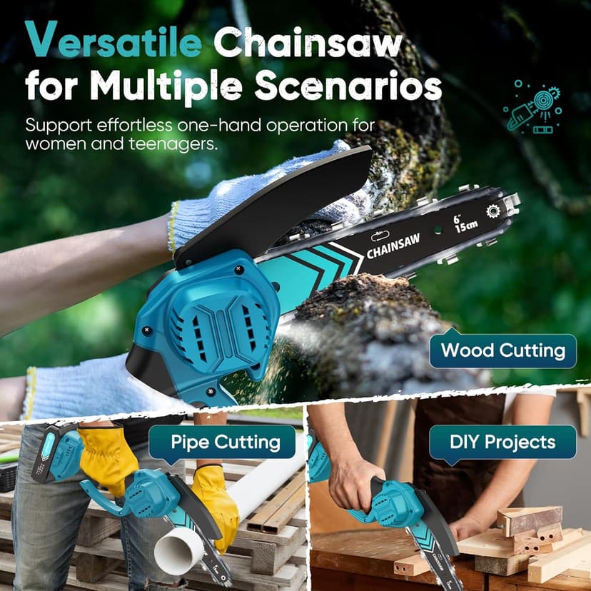 Mini Chain saw, 6-Inch Chain Saw, 2 Pack 2000mAh Batteries, 【Seniors Friendly】Portable Handheld Chainsaw, Mini Chainsaw Cordless for Wood Cutting Tree Trimming DIY Projects Gardening Camping