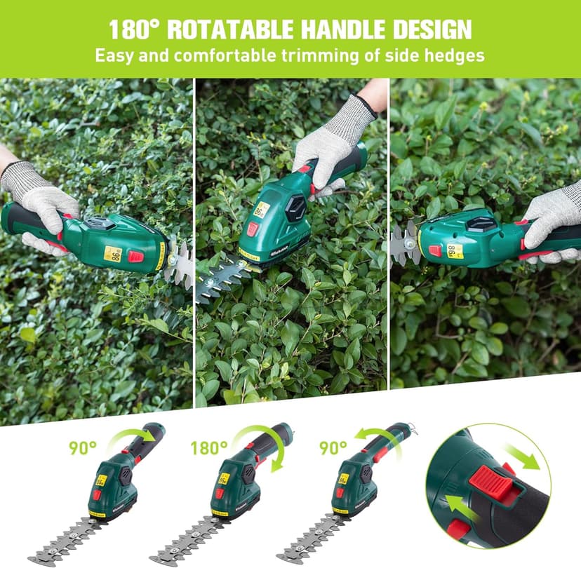 Hedge Trimmer, Cordless Grass Shear & Electric Shrub Trimmer - 2 in 1 Handheld Grass Cutter, Hedge Shear for Garden, Lawn, Rechargeable Lithium-Ion Battery and Type-C Cable Included