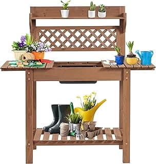 Yaheetech Potting Bench Table Outdoor Garden Horticulture Wooden Workstation Benches w/Sliding Tabletop/Removable Sink/Storage Shelf,Brown