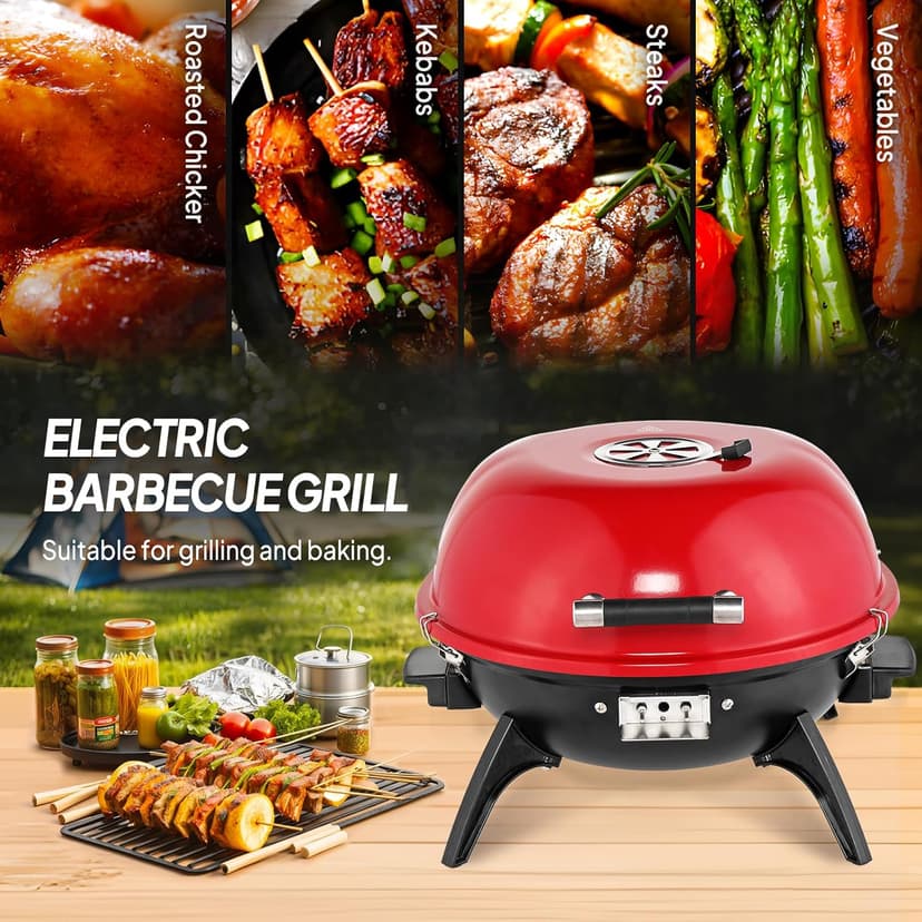 ROVSUN Tabletop Electric Grill with Temperature Control, Double Layer Design, 304 stainless, Portable Removable -Perfect Small Stove for Indoor and Outdoor BBQ, 1600W, Red
