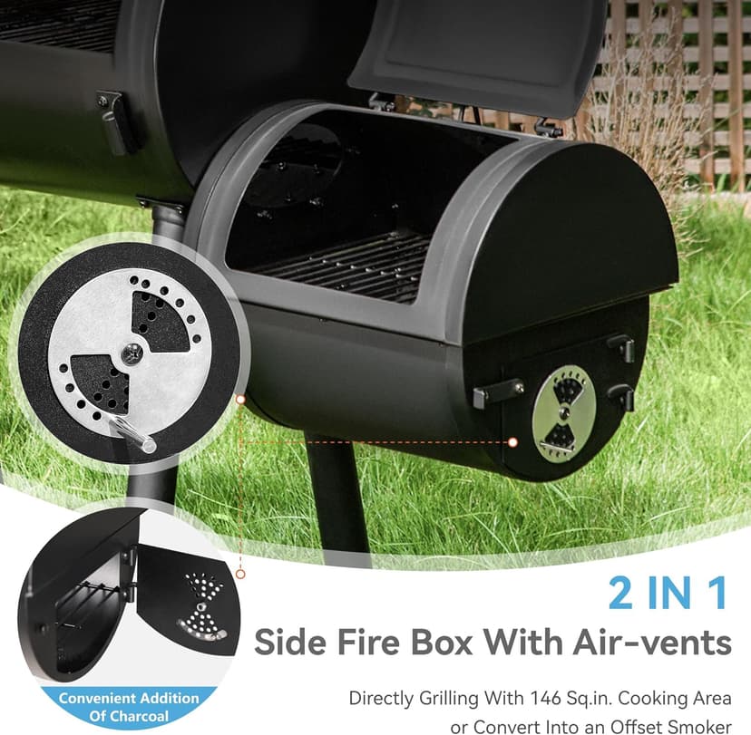 GREEN PARTY BBQ Charcoal Grill with Offset Smoker, 2 in 1 Smoker and Charcoal Grill combo, 512 Square Inch Space Barrel Charcoal Smoker Grill for Outdoor Camping Patio Backyard Cooking, Medium