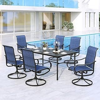 MFSTUDIO 7-Piece Patio Dining Set,Outdoor Furniture Set with 6 Metal Dining Swivel Padded Chairs and Steel Frame Slat 64" Rectangular Table for Backyard,1.7" Umbrella Hole, Blue