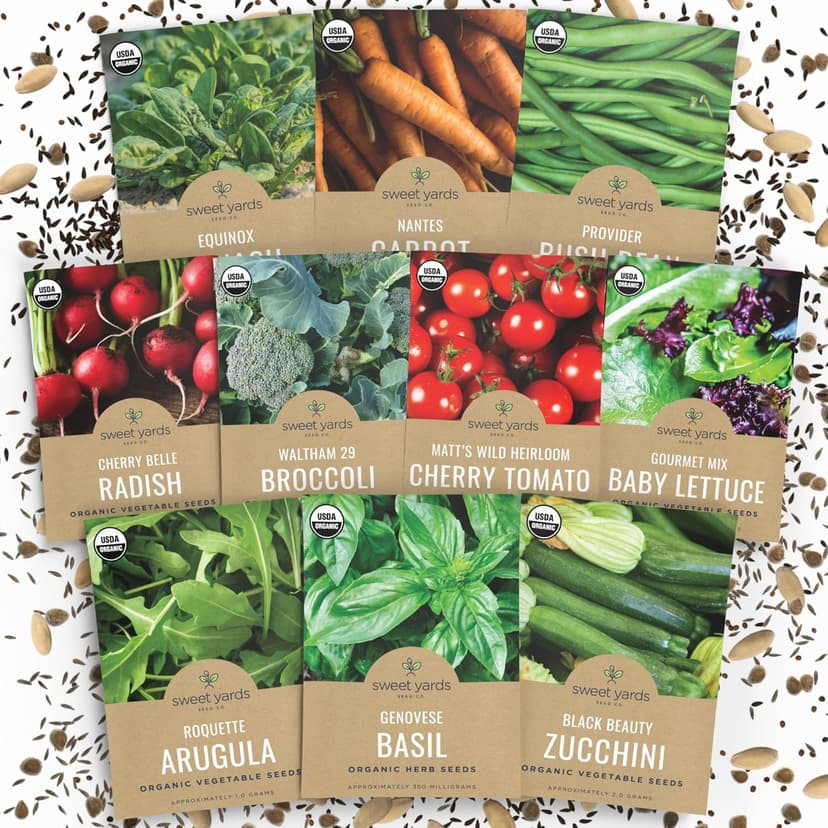Organic Seeds Essential Variety Pack - 10 Individual Packs - 2025 Season - Summer Squash, Cherry Tomatoes, Arugula, Broccoli and More! for Indoor & Outdoor Planting (Non-GMO, Certified Organic)