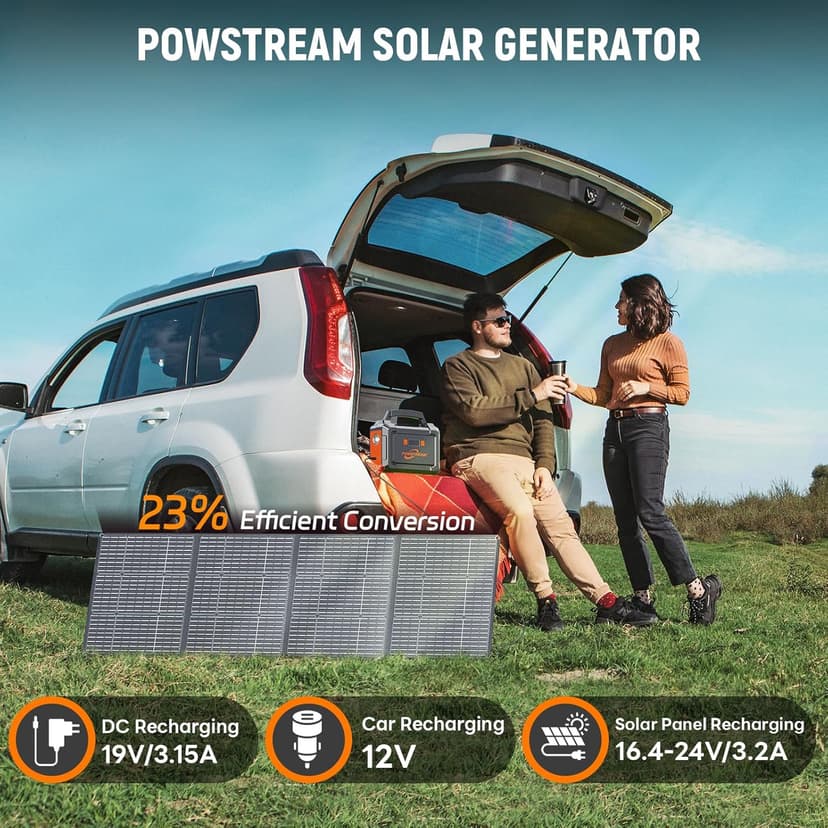 POWSTREAM 300W Solar Powered Generator 296Wh Portable Power Station with Solar Panel Foldable 60W Included, Battery Charger Power Bank with AC Outlet for RV Trip Camping Emergency Home Outage CPAP