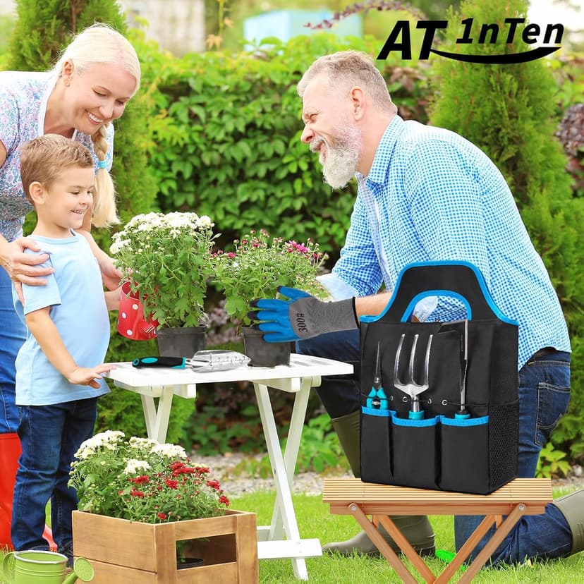 Garden Tool Set with Non Slip Rubber Grip,11 Piece Stainless Steel Gardening Tool Sets,Heavy Duty Outdoor Hand Tools Kit,Durable Tote Bag,Repotting mat,Uprooting Weeding Tool,Ideal Gifts Blue