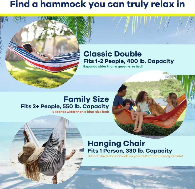 Handwoven Hammock by Yellow Leaf Hammocks - Double Size, Fits 1-2 PPL, 400lb max - Weathersafe, Super Strong, Easy to Hang, Ultra Soft, Artisan Made - Color: Stripe Navy Blue - White