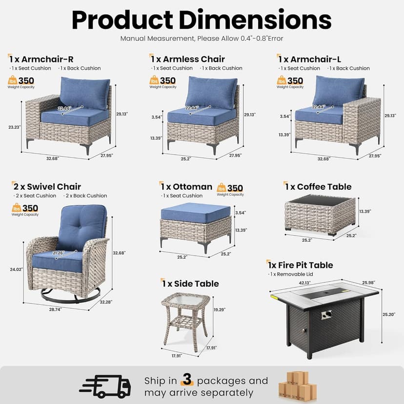 ovios 9 Pieces Patio Furniture Set Outdoor Sectional Sofa Couch with Fire Pit Table Swivel Rocking Chairs Comfy Cushions, Modern Modular Wicker Rattan Conversation Sets, Denim Blue