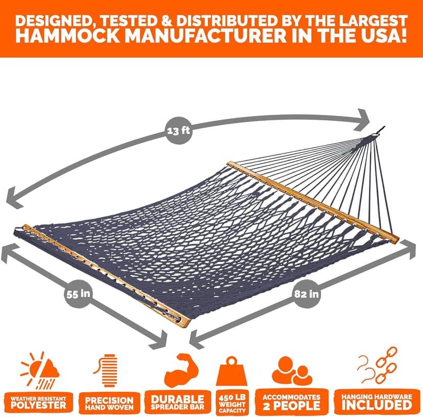 Castaway Living 13 ft. Double Traditional Hand Woven Navy Polyester Rope Hammock with Free Extension Chains, and Tree Hook, for 2 People with a Weight Capacity of 450 lbs.