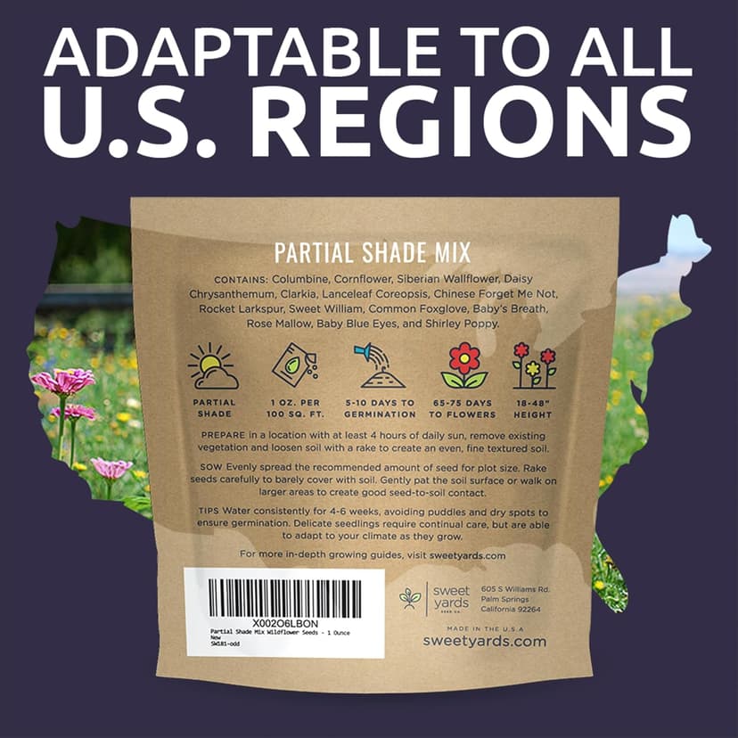 Wildflower Seeds Partial Shade Mix - 1 Ounce Over 7,000 Open Pollinated Annual and Perennial Seeds